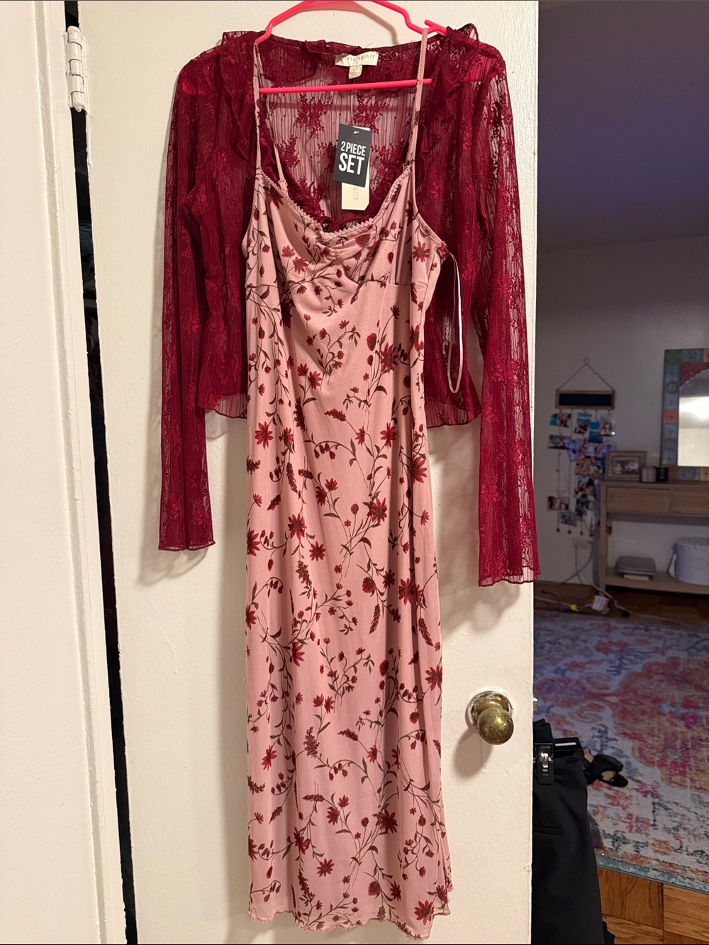 Pink Floral Midi Slip Dress with Burgundy Lace Jacket - 2-Piece Set